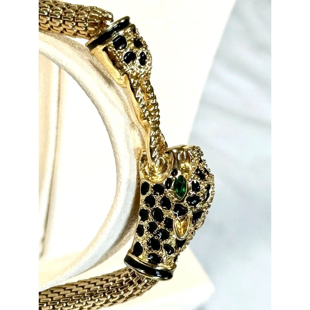 Vintage Double Leopard Panther Mesh Bracelet Green Eyes Gold Tone Statement